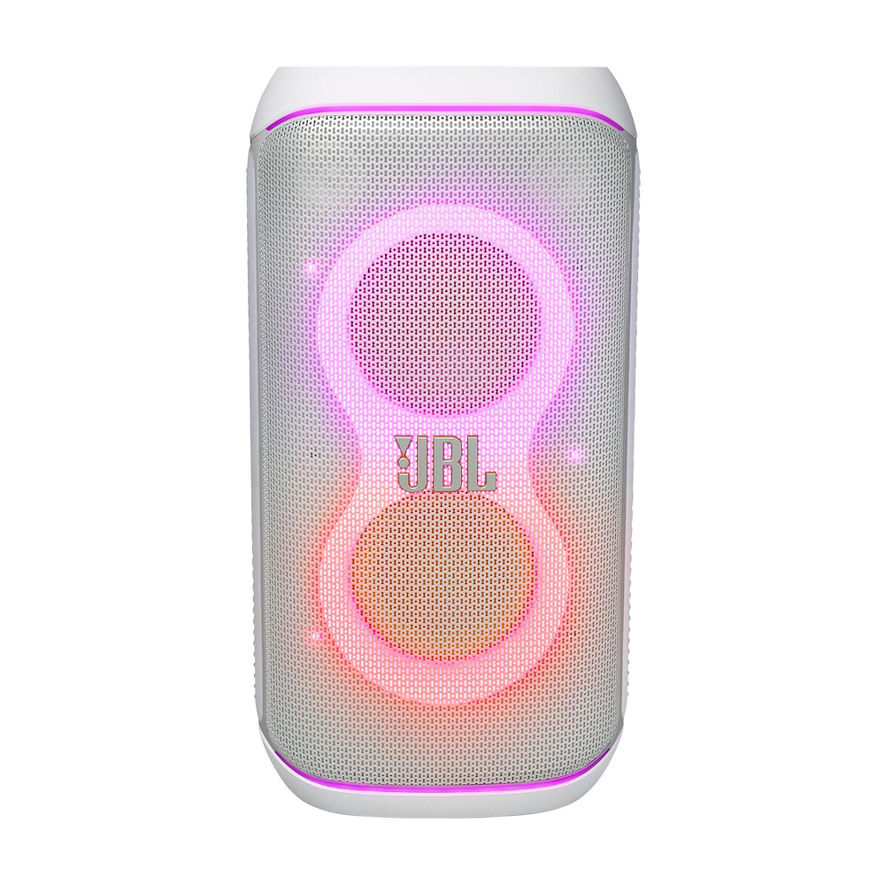 Bluetooth-Lautsprecher JBL mit 160W Leistung und RGB-Licht weiß.