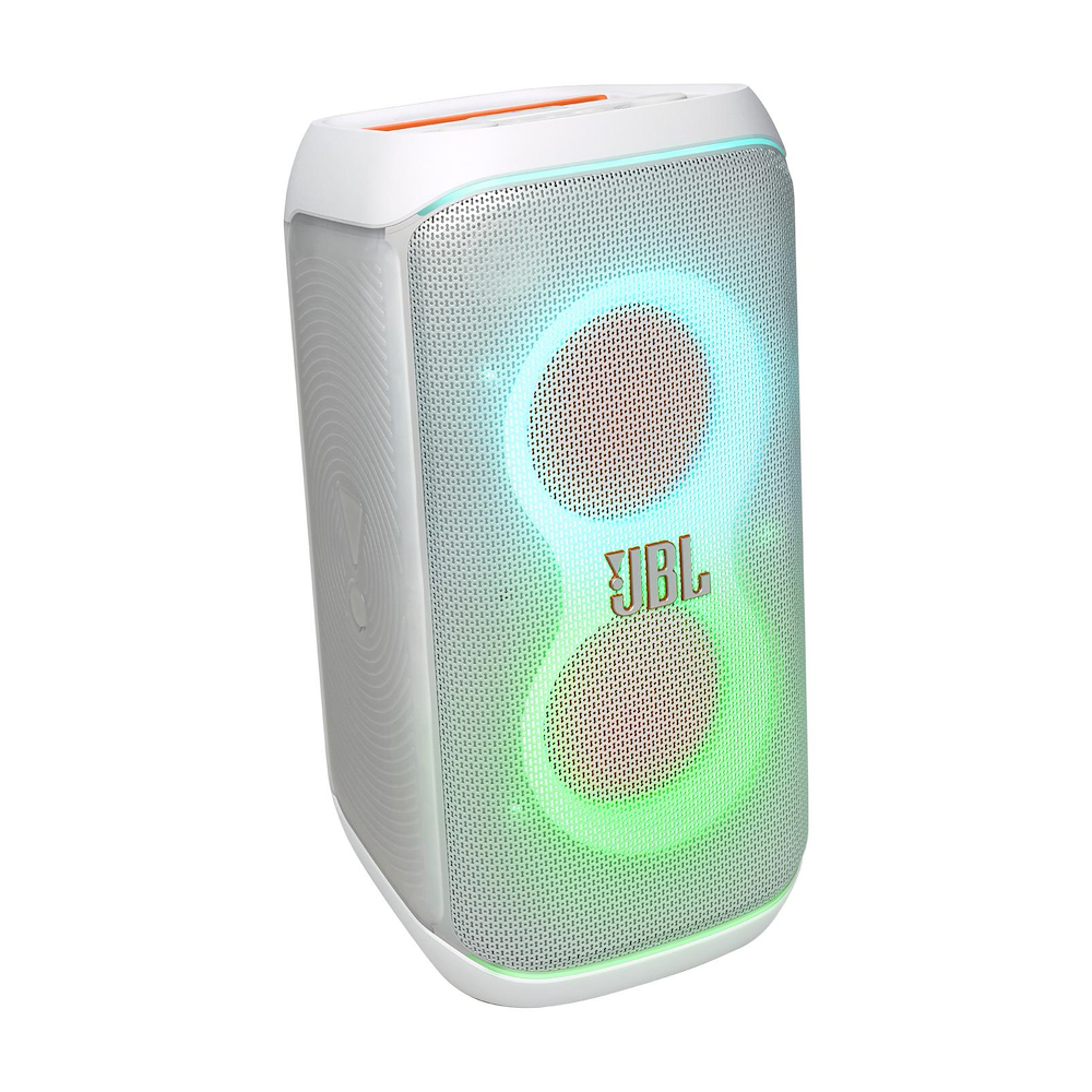 Bluetooth-Lautsprecher JBL mit 160W Leistung und RGB-Licht weiß.
